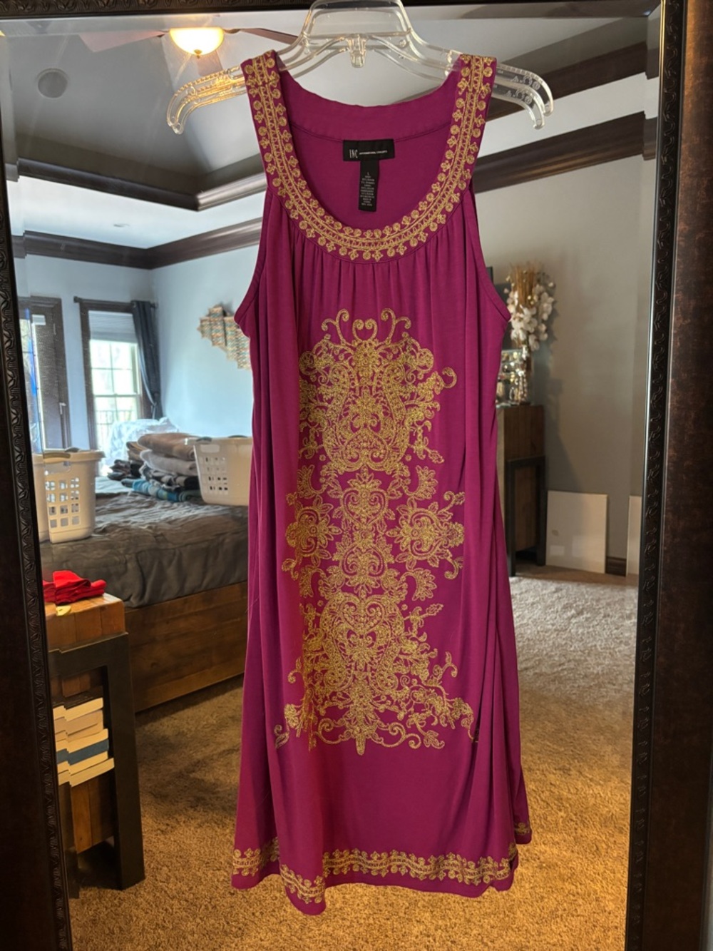 INC International Concepts Magenta Mini Dress with Gold Embroidery